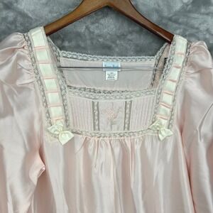 VIntage Peach Pink Satin Nightgown Embroidered Square Neck Heirloom Lace Small